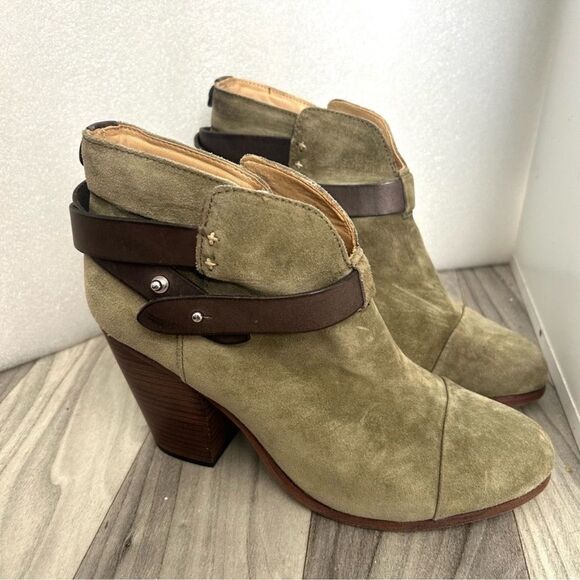 Rag & Bone 39 Harrow Camo Green Stacked Brown Heel Suede Leather Ankle Boots - Picture 3 of 9